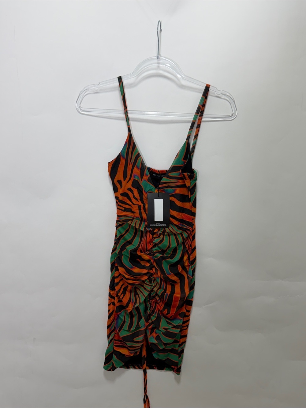 PrettyLittleThing Orange Green Zebra-Print Ruched Slip Dress